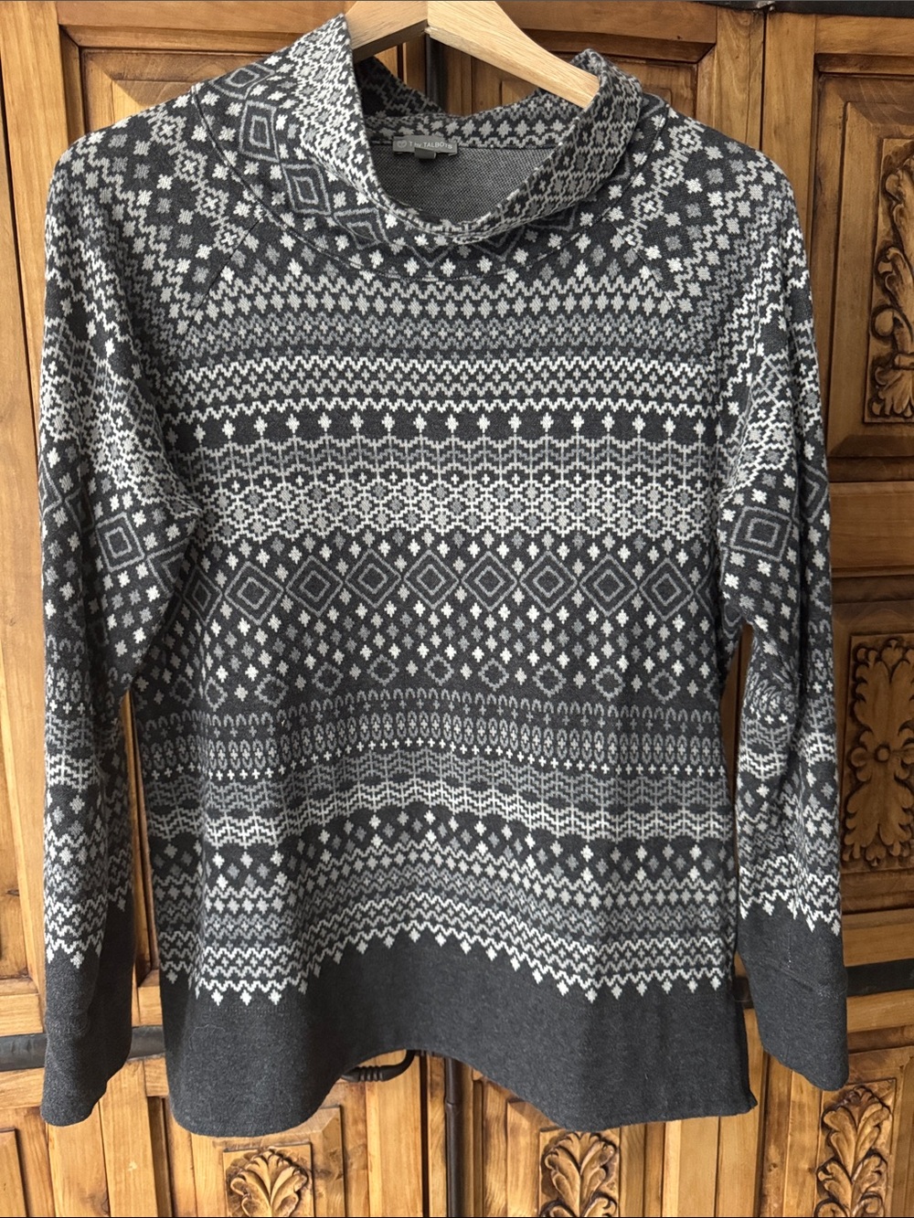 Talbots Gray Fair Isle Cowl Neck Sweater